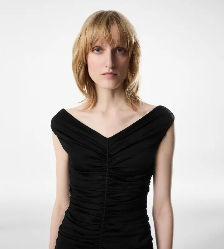 OFF THE SHOULDER GATHERED SILK MINI DRESS BLACK online